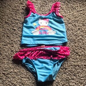 Hello Kitty 2 Piece Blue & Pink Polka Dot Ruffled Swimming Suit